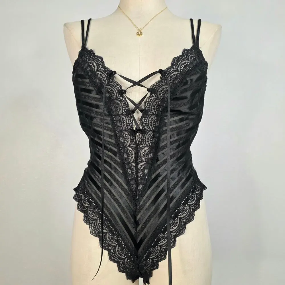 Vintage Black Lace Teddy Bodysuit Lace Up Sheer Striped Lingerie Size Small Sexy